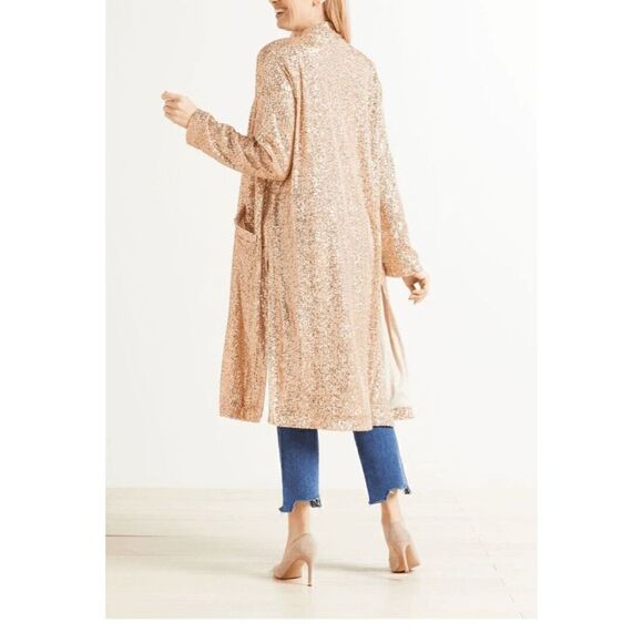 Anthropologie BB Dakota Sparkly Sequin Rose Gold Open Cardigan Duster XSP - Picture 9 of 11